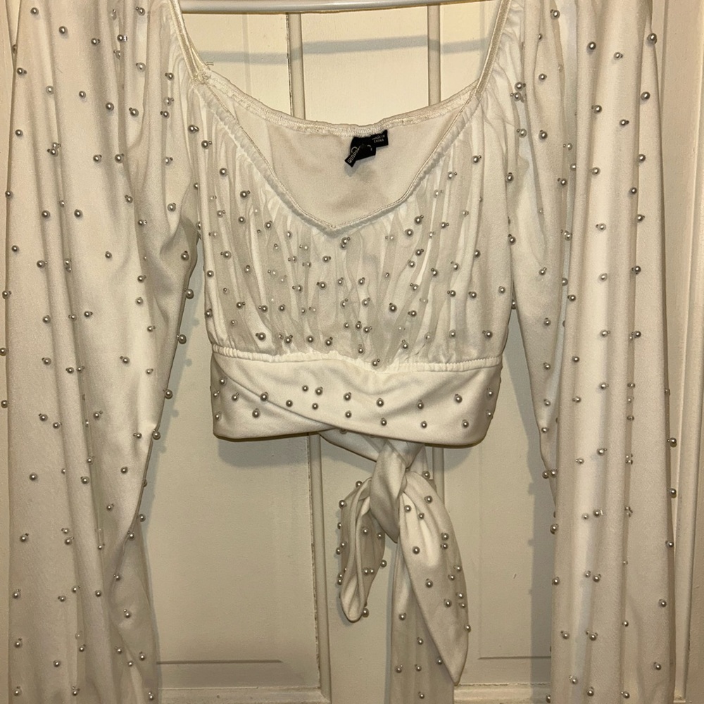 SHEIN White Pearl Embellished Blouse